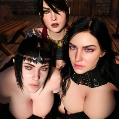 baldur's gate 3, bioware, cd projekt red, dragon age, electronic arts, the witcher (series), the witcher 3: wild hunt, morrigan (dragon age), shadowheart, yennefer, rude frog, 3girls, big breasts, black hair, breasts