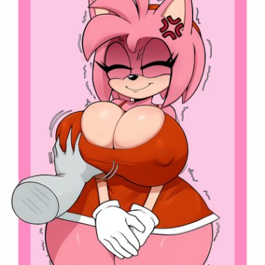 sonic (series), amy rose, monkechrome, monochrome ai, annoyed, anthro, big ass, big breasts, breast grab, dress, groping, groping breasts, huge ass, huge butt, pink skin