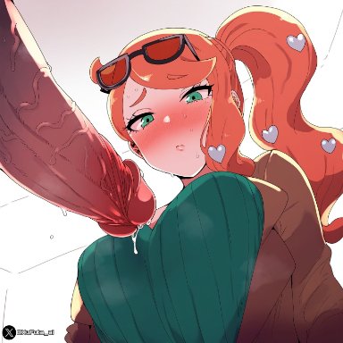 pokemon, pokemon ss, sonia (pokemon), xufuta ai, 1boy, 1girls, aroused, big breasts, big penis, blush, breasts, coat, embarrassed, glasses, glasses on head