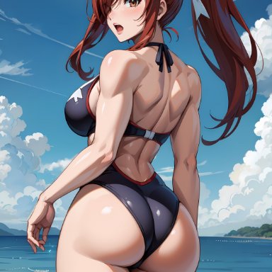 fairy tail, erza scarlet, senotakai ai, 1girls, ass, ass focus, back, back view, bare arms, bare legs, bare shoulders, bare thighs, beach, big ass, big breasts