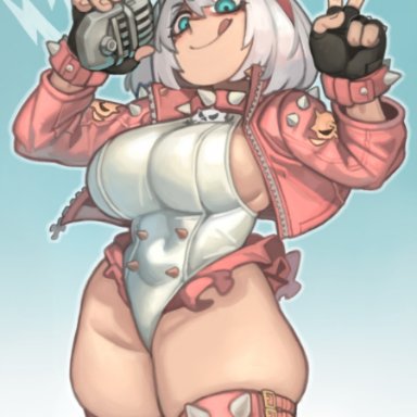 guilty gear, guilty gear strive, elphelt valentine, kelvin hiu, 1girls, breasts, female, hips, holding object, huge breasts, light skin, light-skinned female, naughty face, peace sign, short hair