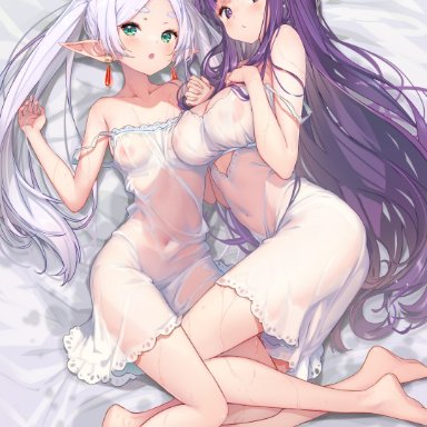 sousou no frieren, fern (sousou no frieren), frieren, hong (white spider), 2girls, ass, bare shoulders, barefoot, big breasts, elf ears, elf female, feet, green eyes, hips, imminent sex