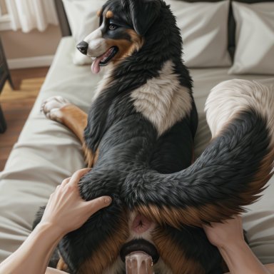 polar (director), anatomically correct, anatomically correct genitalia, animal genitalia, animal pussy, anus, ass, bed, bedroom, bernese mountain dog, bodily fluids, breath, brown eyes, butt grab, canid