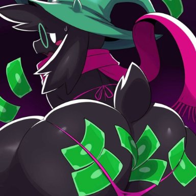 deltarune, ralsei, sssonic2, ball bulge, big butt, clothing, femboy, femboy only, hat, huge butt, legwear, money, panties, scarf, stripper