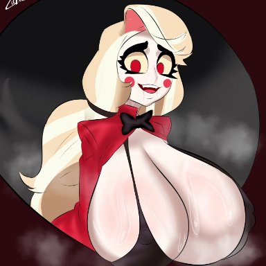 hazbin hotel, za barro, 1girls, big breasts, blonde hair, bodily fluids, bowtie, bra, breasts, cleavage, eyebrows, female, female only, huge breasts, large breasts