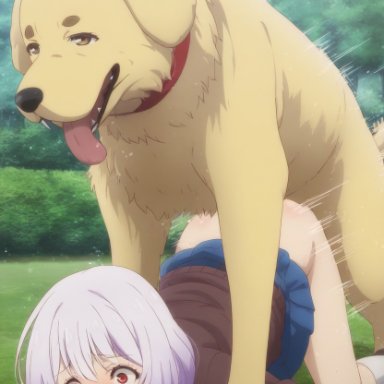 original, original character, sentinel axis, 1boy, 1girls, ambiguous penetration, animal ears, animal genitalia, animal penis, bestiality, blue skirt, canine, canine on human, crying, crying with eyes open