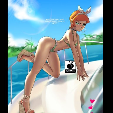 ben 10, gwen tennyson, linkartoon, anklet, bikini, blue eyes, blush, choker, earrings, embarrassed, feet, green eyes, headwrap, high heels, livestream