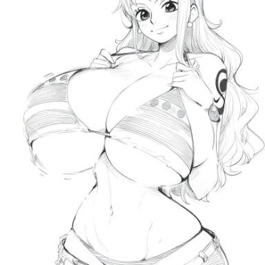 one piece, shounen jump, nami, nami (one piece), skeboo, big breasts, bikini bottom, breasts, breasts bigger than head, cleavage, huge breasts, jeans, large breasts, open pants, smile