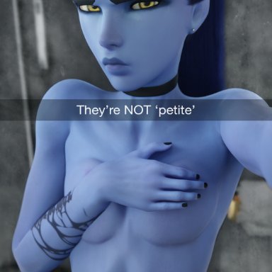 overwatch, overwatch 2, snapchat, amelie lacroix, widowmaker, selfmindsources, 1girls, accessory, angry, angry expression, angry face, arm tattoo, ass, ass visible from the front, bathroom