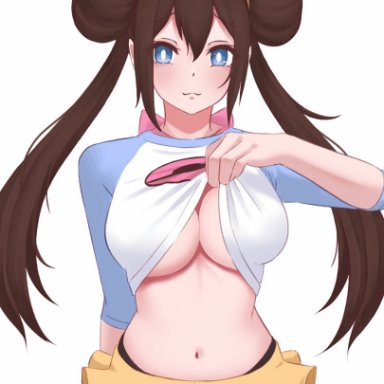 game freak, nintendo, pokemon, pokemon (game), pokemon bw2, rosa (pokemon), eka kinoko, :3, 1female, 1girls, areola, areolae, blue eyes, bouncing breasts, breast squish