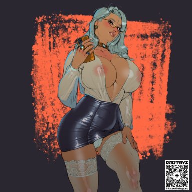 aunt charlie (dmitrys), dmitrys, 1futa, areola slip, areolae, big breasts, big penis, blue eyes, breasts, clothed, clothing, earrings, futa only, futanari, futanari focus