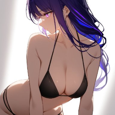 genshin impact, raiden shogun, 1girls, bikini, black bikini, breasts, cleavage, curvy, female, large breasts, long hair, purple hair, solo, solo female, ai generated