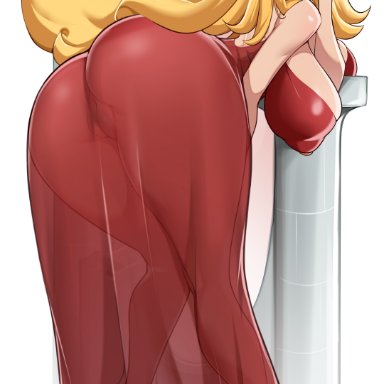 ousama ranking, ranking of kings, queen hilling, bayeuxman, ass, ass focus, bare shoulders, bent over, blonde hair, blue eyes, blush, breasts, cleft of venus, column, covered nipples