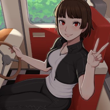 atlus, persona, persona 5, makoto niijima, afrobull, 1girls, breasts, brown hair, female, large breasts, light skin, light-skinned female, red eyes, short hair, thick thighs