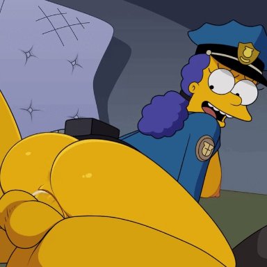 20th century fox, the simpsons, marge simpson, sfan, 1girl1boy, blue hair, cartoon, cheating female, cheating wife, cop, cop outfit, cowgirl position, cum, cum in pussy, cum inside