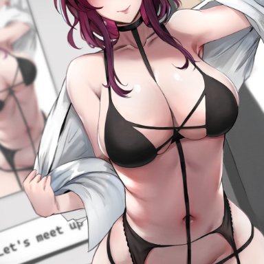 honkai: star rail, kafka (honkai: star rail), hans-kun, 1girls, female, female focus, female only, large breasts, leash, lingerie, phone, selfie, solo, taking clothes off