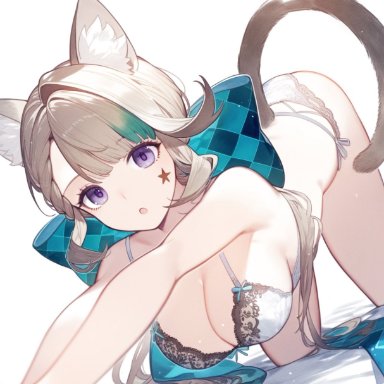 genshin impact, lynette (genshin impact), setsuaiart, :o, all fours, bra, breasts, cat ears, cat girl, cat humanoid, catgirl, cleavage, female, female only, grey hair