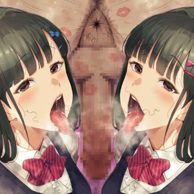 original, original character, bikkii, 1boy, 2girls, anus, ass, black hair, brown hair, open mouth, pubic hair, pubic hair on face, rimming, school uniform, steam