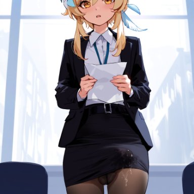 genshin impact, lumine (genshin impact), doseogwan, 1futa, balls, balls under clothes, black jacket, black skirt, blonde hair, breasts, bulge, bulge through clothing, clothed, collared shirt, cum