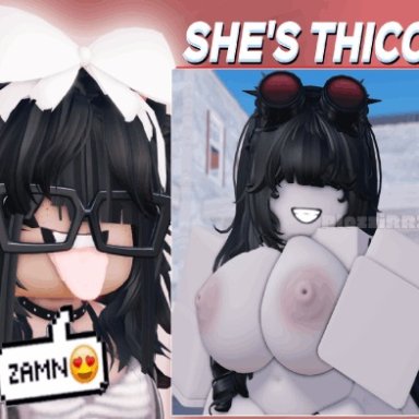 roblox, robloxian, plozzirr34, 2girls, black hair, bow, emoji, fully clothed, fully clothed female, glasses, grey skin, grey skinned female, hair covering eye, hair covering eyes, light-skinned female