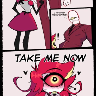 hazbin hotel, anon, niffty (hazbin hotel), unknown artist, blush, bodily fluids, breasts, clothed, clothing, cyclops, demon, demon humanoid, duo, faceless character, faceless male