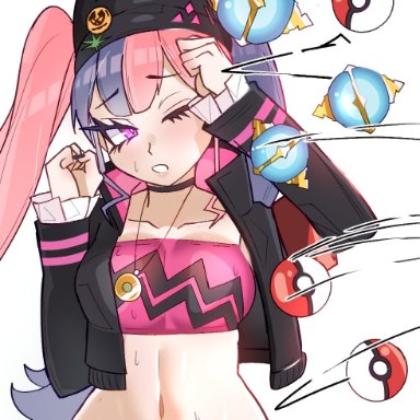 palworld, zoe (palworld), kurosu169, jacket, midriff, pal sphere, pink hair, pokeball, throwing object, crossover, tagme