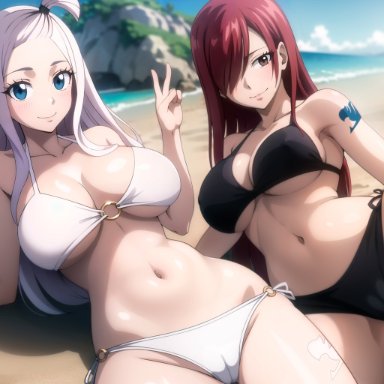 fairy tail, erza scarlet, mirajane strauss, 2girls, beach, bikini, black bikini, blue eyes, breasts, brown eyes, day, eyelashes, hair over one eye, large breasts, long hair