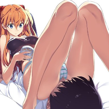neon genesis evangelion, asuka langley sohryu, shinji ikari, asushin, bare legs, bare thighs, barefoot, blue eyes, cameltoe, cunnilingus through clothes, embarrassed, face on ass, face on butt, face on pussy, facesitting