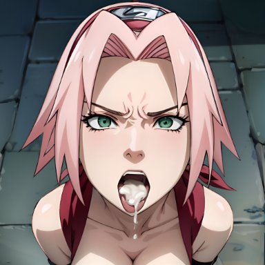 naruto, naruto shippuden, sakura haruno, arbitrary, 1girls, after fellatio, after oral, angry, angry face, cleavage, cum, cum in mouth, green eyes, open mouth, parted bangs