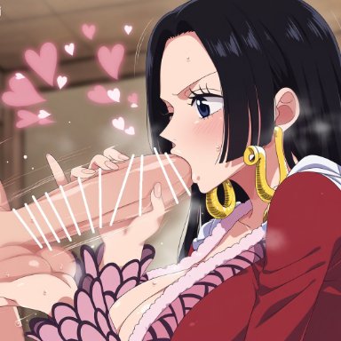 one piece, boa hancock, 1girls, big penis, blowjob, blowjob face, caressing testicles, clothed female nude male, large penis, sucking, sucking penis, testicle grab, testicles, hd, high resolution