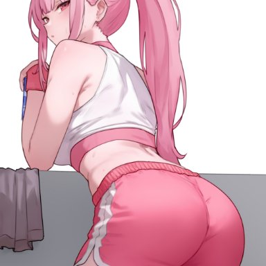 hololive, hololive english, mori calliope, bluefield, 1girls, ass, booty shorts, breasts, female, large ass, large breasts, light skin, light-skinned female, long hair, pink eyes