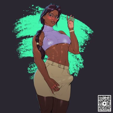 danica (dmitrys), dmitrys, 1futa, abs, biceps, big penis, bracelet, braided ponytail, breasts, brown eyes, brown hair, clothed, clothing, crop top, dark skin