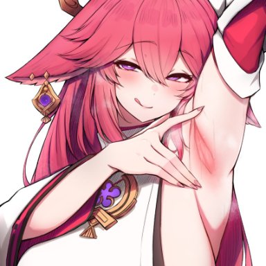 genshin impact, yae miko, rikuguma, :q, animal ears, arm behind head, armpit focus, armpits, blush, breasts, breath, detached sleeves, earrings, female, floppy ears