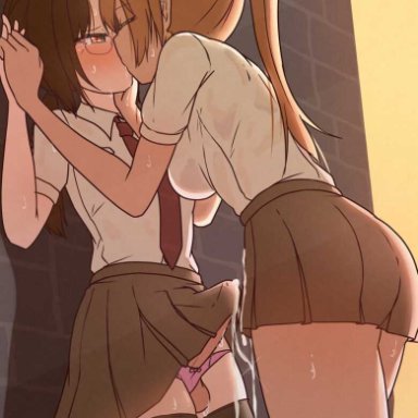 duke shiwa, shiwa kou, 1futa, 1girls, against wall, balls, breasts, clothed, clothing, cum, cum through clothes, duo, ejaculation, erection, futa on female