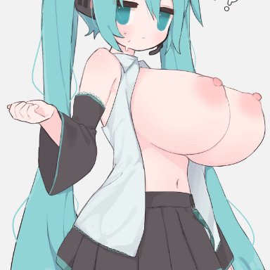 vocaloid, hatsune miku, ??, 1girls, annoyed, breasts, confused, cute, female, frustrated, huge breasts, neoteny, no bra, open clothes, solo