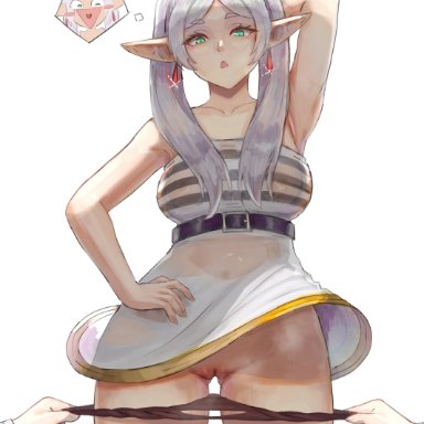 sousou no frieren, frieren, voidmakerz, alternate breast size, arm up, armpits, ass visible through thighs, belt, black panties, breasts, collarbone, covered navel, covered nipples, cowboy shot, crotch cutout