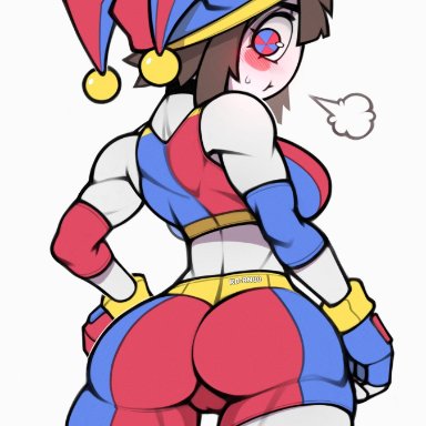 the amazing digital circus, roadi3, ass, back view, black hair, blue eyes, blush, boots, crop top, gloves, headgear, jester, jester hat, looking back, muscular