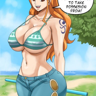 one piece, nami, pinkpawg, 1girls, arms behind back, big breasts, bikini, bikini top only, breasts, busty, child bearing hips, cleavage, curvy, female, female only