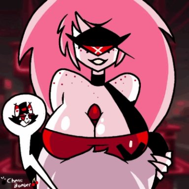 hazbin hotel, cherri bomb (hazbin hotel), husk (hazbin hotel), cherribomber, 1boy, 1girls, anthro, between breasts, breasts, colored skin, cyclops, demon, demon boy, demon girl, freckles