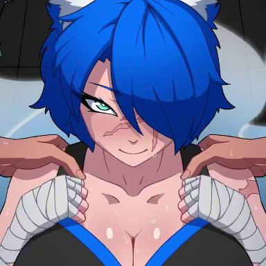 trevobutevil, big breasts, blue hair, boobjob, engulfing paizuri, fox ears, fox girl, fox humanoid, foxgirl, kitsune, kitsunemimi, paizuri, perpendicular paizuri, scar, titjob