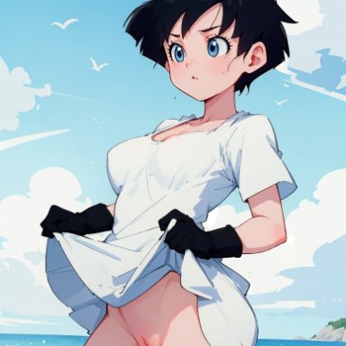 dragon ball, dragon ball super, dragon ball z, videl, jorgecarlosai, black hair, blue eyes, dress, dress lift, dress pull, female, female only, from behind, front view, girl