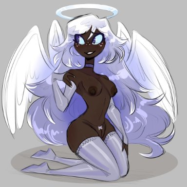 hazbin hotel, emily (hazbin hotel), whiteartblood, 1girls, angel, angel girl, angel wings, blue eyes, blue hair, breasts, choker, cute, dark skin, dark-skinned female, female