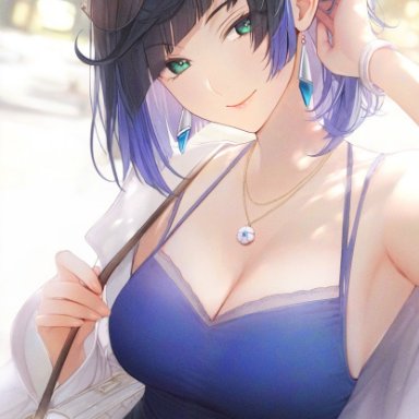 genshin impact, yelan (genshin impact), nekocypher, 1girls, armpits, breasts, busty, casual, cleavage, dress, earrings, eye contact, female, fully clothed, green eyes