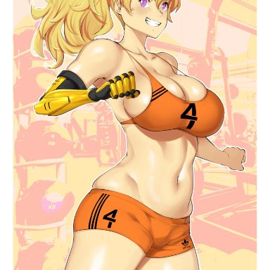 rwby, yang xiao long, lulu-chan92, 1girls, blonde female, blonde hair, breasts, cleavage, gym, gym clothes, gym shorts, gym uniform, purple eyes, robotic arm, stomach