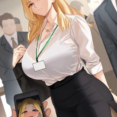 original, original character, neige (pixiv6850453), ahe gao, ahegao, big breasts, blackmail, blonde hair, dark-skinned male, earrings, milf, office lady, pencil skirt, phone, photo (object)