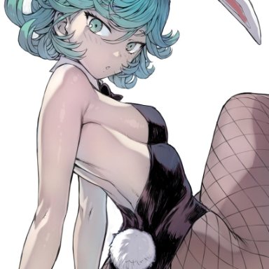 one-punch man, tatsumaki, mogudan, 1girls, alternate costume, animal ears, arm support, arms behind back, ass, back, backboob, bare shoulders, black leotard, blush, bowtie