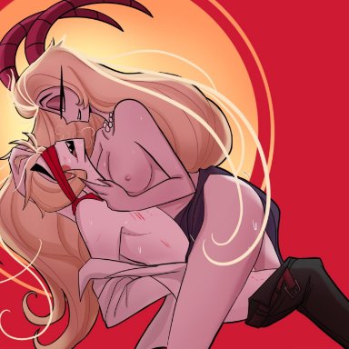 hazbin hotel, 1boy, 1girls, 2demons, ady laine, bite mark, blonde hair, blush, breasts, demon, dominant, dominant female, domination, female, femdom