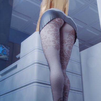 blizzard entertainment, overwatch, overwatch 2, mercy, moonroomoom, earrings, fishnet, fishnet legwear, fishnets, from behind, high heels, office, office lady, pantyhose, ponytail