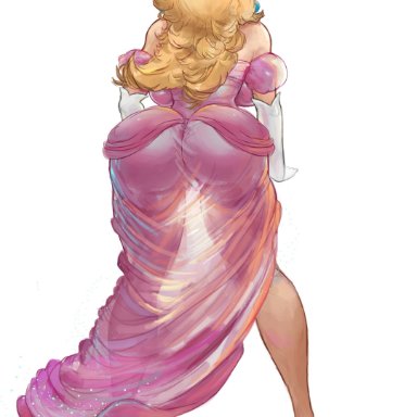 mario (series), nintendo, princess peach, artofalva, 1girls, ass, back view, blonde hair, crown, dress, female, female only, princess, solo, high resolution