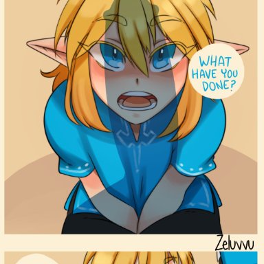 creative commons, nintendo, tears of the kingdom, the legend of zelda, hylian, link, princess zelda, zelda (tears of the kingdom), zeluvvu, balls, blonde hair, blue clothing, blue eyes, blush, cc-by-nc-nd